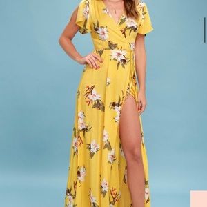 Lulu’s Yellow Tropical Print Wrap Maxi Dress